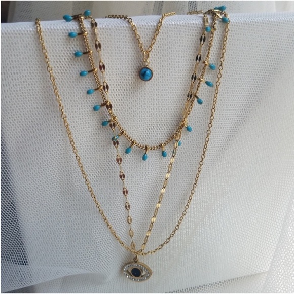 Swarovski Elements 18k Gold Plated Layered Symbolic Evil Eye Necklace NEW - Picture 3 of 17